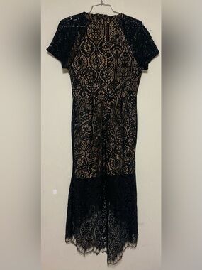 Black Lace Overlay Midi Dress - Elegant Evening Dress